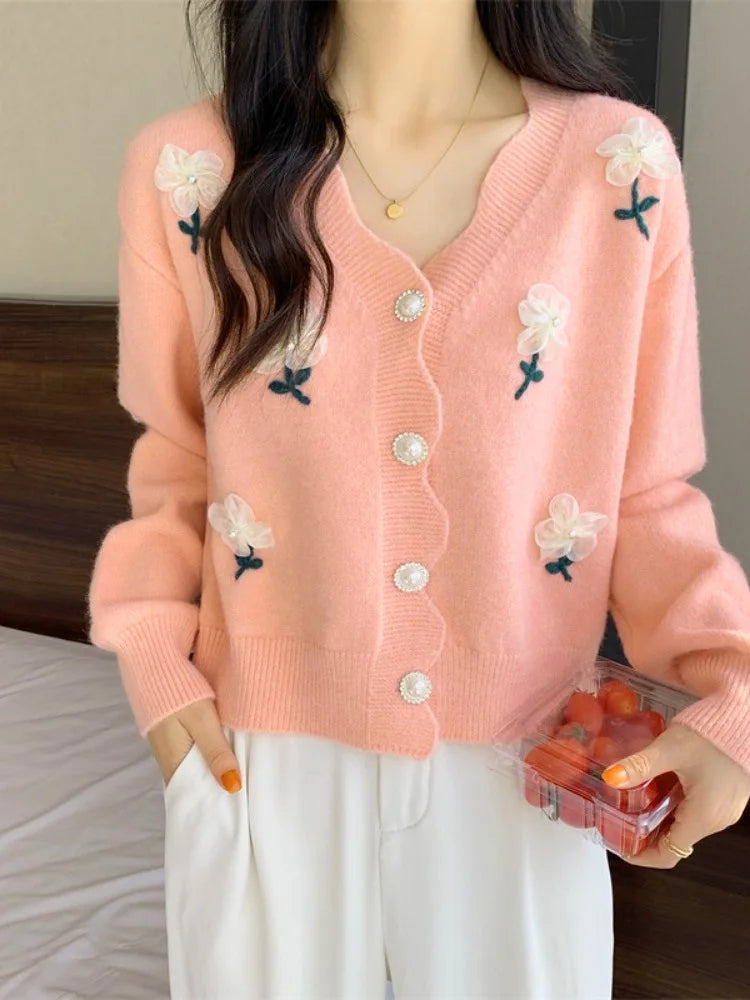 Gentle Sweet Autumn Winter Sweater Women's Flower Beaded Knitted Cardigan Long Sleeve Top Casual Warm Ladies Knitwears Coat
