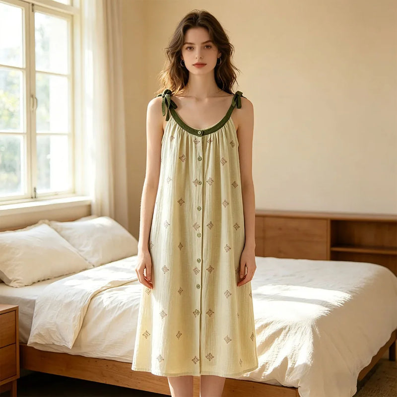 Retro Nightgowns Woman Sleep New Summer Sleepwear One Piece Dress Pure Cotton Thin Sleeveless Pajamas Dress Night Wear Ladies