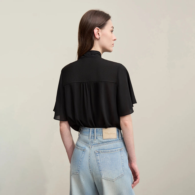 Amii Women's Chiffon Blouse 2026 Summer New Tie Neck Flutter Sleeve Acetate Top Elegant Casual Patchwork Blouse Female 12652043