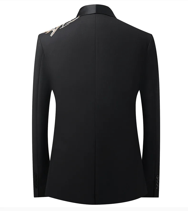 2027 New Men's Black Two-Piece Suit Set: A Chinese-style Stand-up Collar Jacket Paired with Slacks.