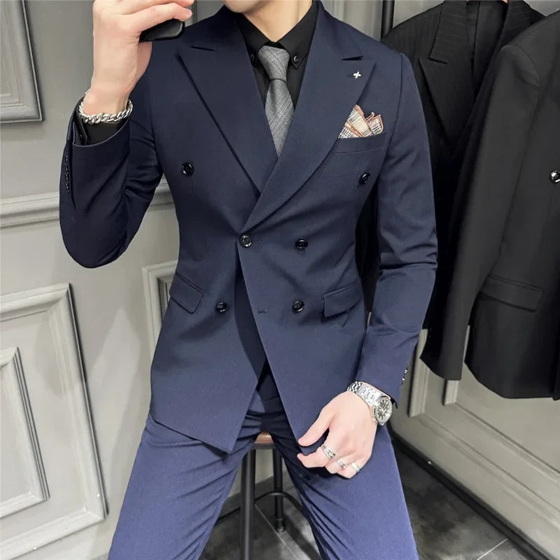 Men's Luxury Double-Breasted Suit Set (Jacket, Vest & Pants) - Stretch Fabric Business Casual Blazer with Extended Sizes S-7XL