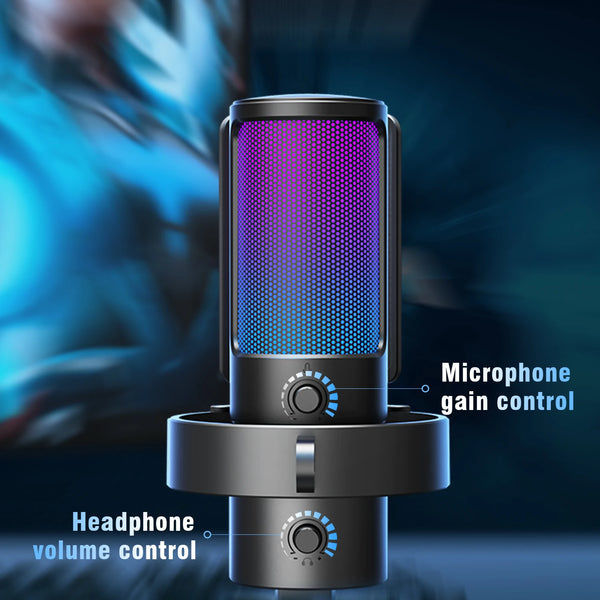 មីក្រូហ្វូន USB FIFINE Ampligame A8 PLUS ជាមួយ RGB ដែលអាចបញ្ជាបាន, កន្សោម 3 លំនាំប៉ូល 4, ប៊ូតុង Gain, រន្ធដោតមីក្រូហ្វូនផ្ទាល់ និងប៊ូតុងបិទសំឡេង