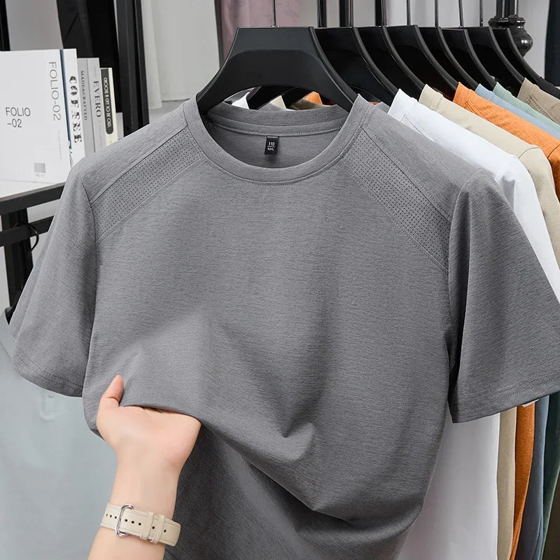 All Season Basic Solid Male Short Sleeve T Shirt Mesh Spliced Shoulder Home Rest Daily Commute Leisure Garment