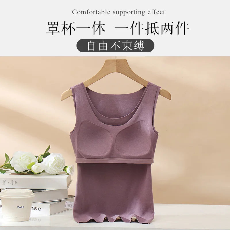 Autumn Winter Women's Chest Pad One Piece Pajamas German Velvet Fleece Thickened Warm Bottom Vest Female Sleepwear Top