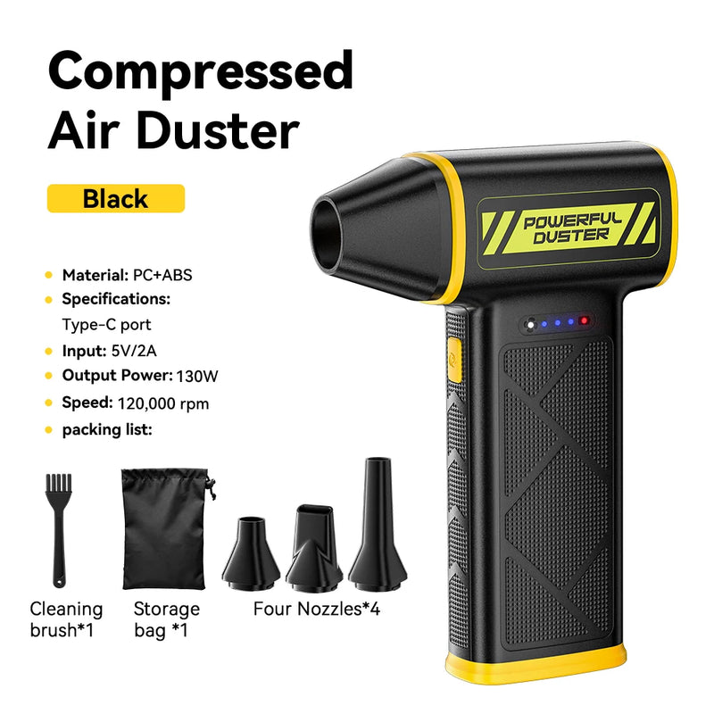 កង្ហារខ្យល់ Essager 130W កម្លាំងខ្យល់ 120000RPM ចល័តល្បឿនលឿន មានថាមពលខ្លាំង ជាមួយថ្ម 5000mAh សម្រាប់សម្អាតកុំព្យូទ័រ ឡាន និងផ្ទះ
