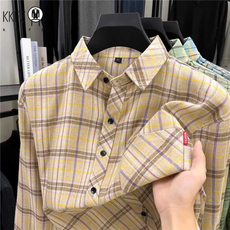 Street Fashion Plaid Shirt Loose Fit Chest Pocket Woven Label Autumn Casual Button Down Layered Overshirt
