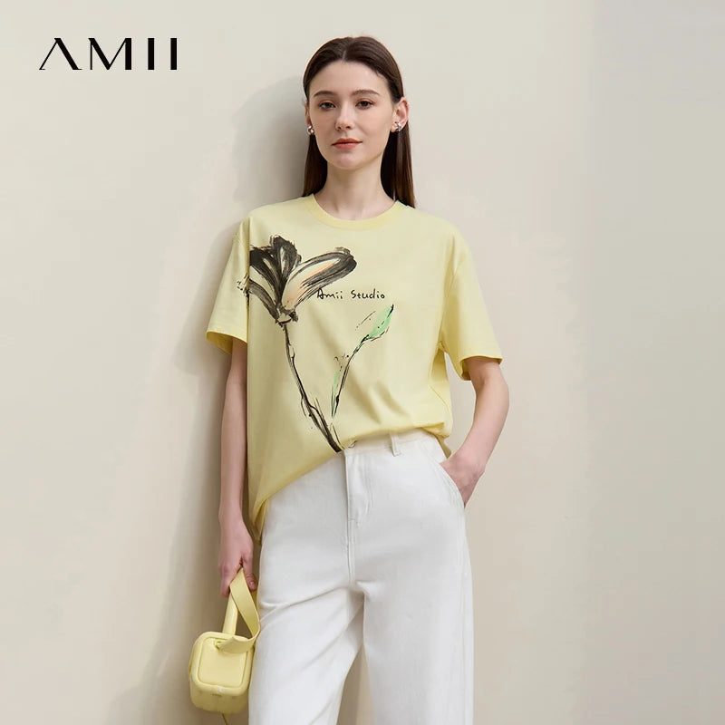 អាវយឺតនារី Amii រដូវក្តៅឆ្នាំ ២០២៦ ថ្មី មានអារម្មណ៍ត្រជាក់ កប្បាស អាវយឺតដៃខ្លី បោះពុម្ពសិល្បៈទឹកថ្នាំ រាងរលុង 12622149