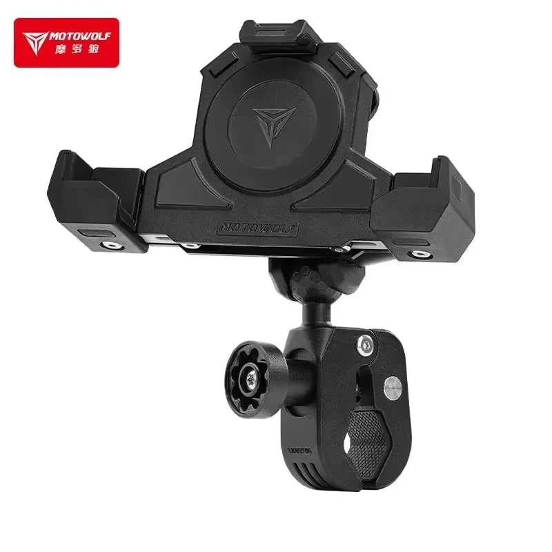 ជើងទ្រទូរសព្ទដៃម៉ូតូ Motowolf រាងត្រីកោណ ដែលអាចស្រូបយកឆក់បាន ជាប្រភេទជើងទ្រជាប់ ដែលអាចសាកថ្មឥតខ្សែបានតាមរយៈ USB។