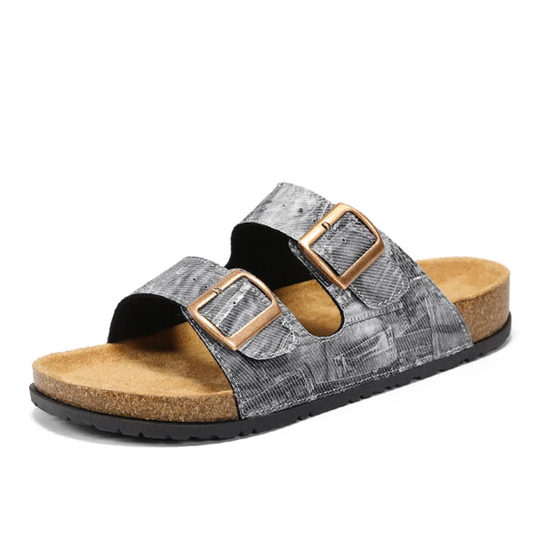 2026 New Black Denim Cork Sandals Double Buckle Adjustable Flat Slides Comfortable Arch Support Casual Slippers for Women Men