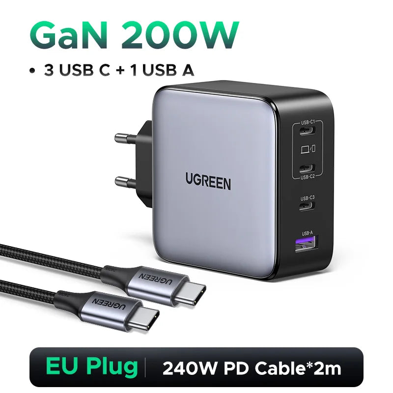 UGREEN 200W Travel GaN Charger PD 3.1 140W QC4.0 3.0 Quick Charge For Macbook Pro Laptops iPhone 18 17 Samsung S26 Xiaomi Tablet