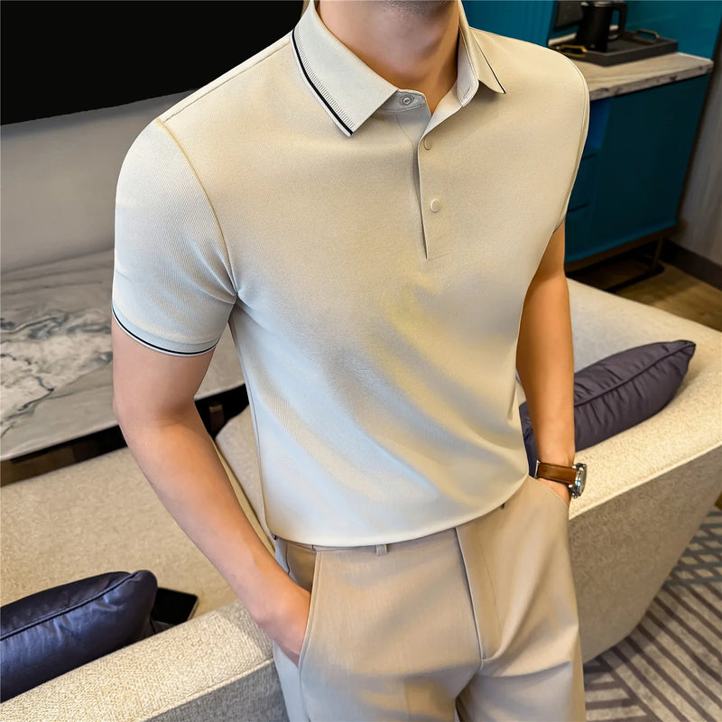 Men’s Slim Fit Polo Shirt with Contrast Collar Wrinkle-Free, Odor-Resistant Business Casual Top Sun-Friendly Fabric