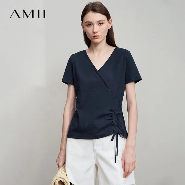 AMII Women's Minimalist Cotton T-Shirt 2026 Fashion Casual V-Neck Drawn Fold Short SleeveTee Tops Comfort Daily T-Shirt 12522163