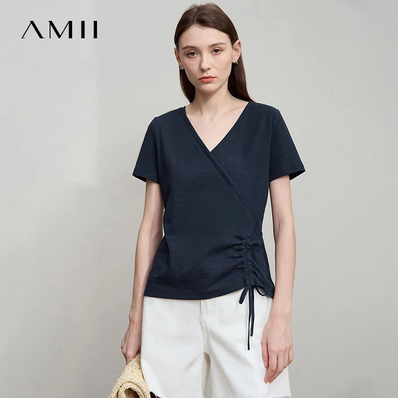 AMII Women's Minimalist Cotton T-Shirt 2026 Fashion Casual V-Neck Drawn Fold Short SleeveTee Tops Comfort Daily T-Shirt 12522163
