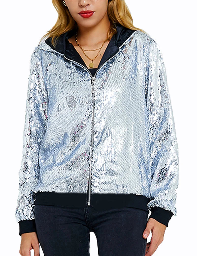 Sparkling Red Hooded Jacket with Sequin Decoration for Women, Fashionable Gold Outerwear with Silver Blue Purple Green Options