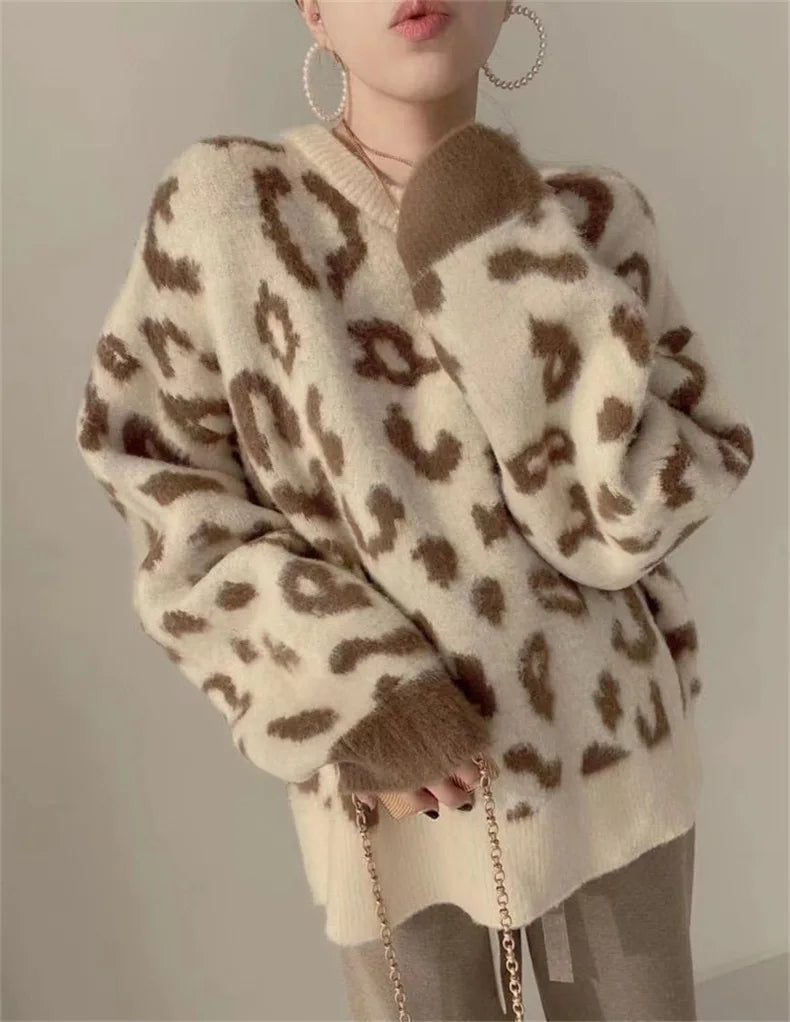 Knitted Pullover Sexy Loose Lazy Leopard Print Sweater Women's South Korea Contrasting Color Thick Soft Crew Neck Jumper Top