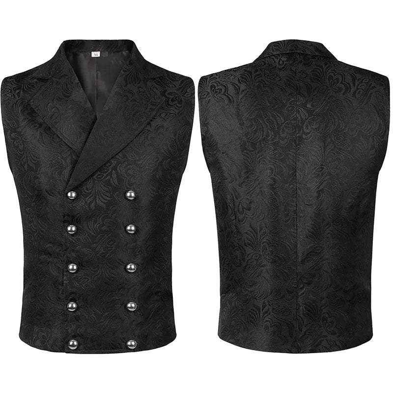 Men's Black Sleeveless Dress Vest Jacket, Halloween Top Vest, Black Vintage Single Breasted Embroidered Waistcoat
