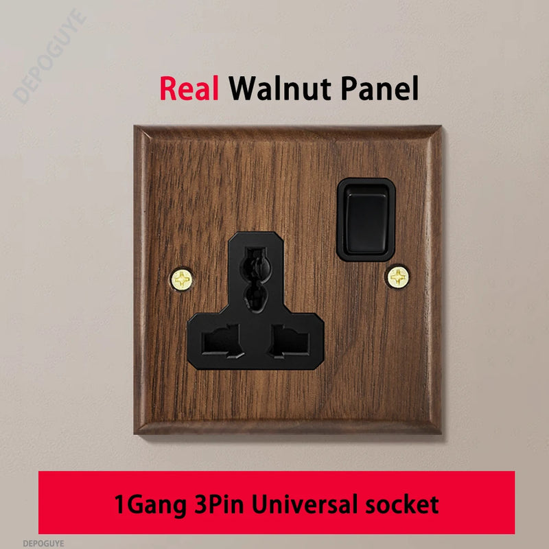 Black Retro Walnut Wall Toggle Switch Panel 1-4Gang 2Way Solid Wood Double EU/FR Socket Universal Usb C Electrical Power Outlet