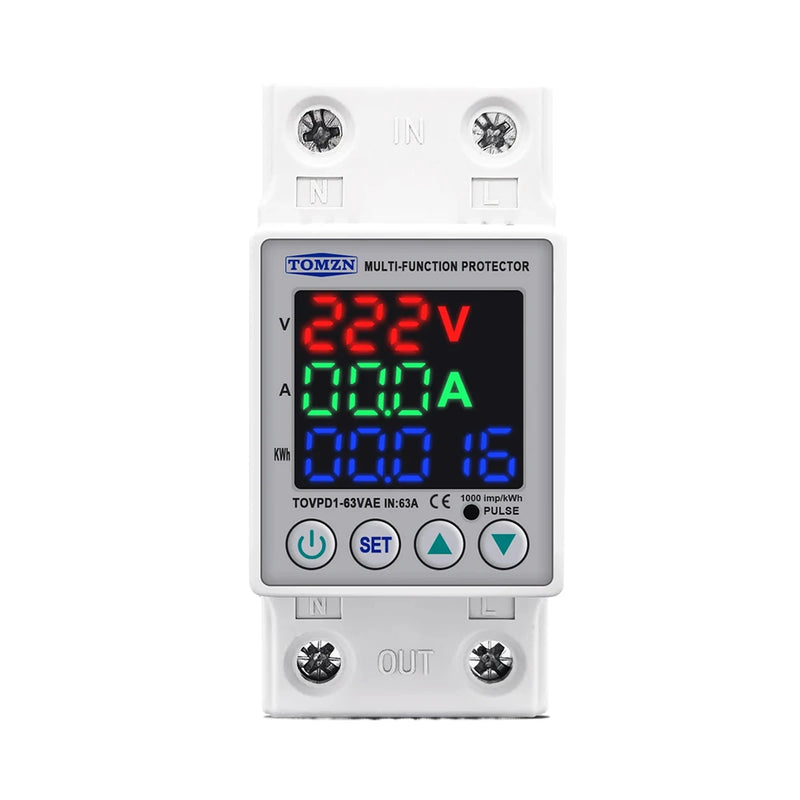 TOMZN 63A 230V DIN Rail Adjustable Over Under Voltage Protective Device Protector Relay with Current Protection Energy Meter