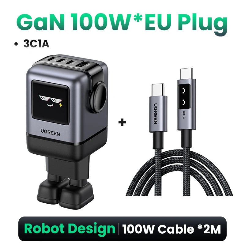 UGREEN Uno 100W GaN Charger Robot Design QC4.0 3.0 PPS PD 3.0 Fast Charger for iPhone 18 17 16 Pro Macbook Air Laptops Tablets