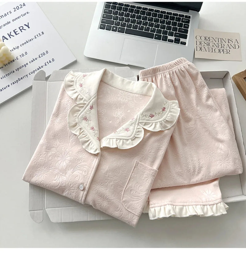 Casual Homewear Sprinmg Autumn Long Sleeve Trousers Ladies Pajamas Suit Lapel Top 2 Piece Set Sleepwear Women's Home Nightwear