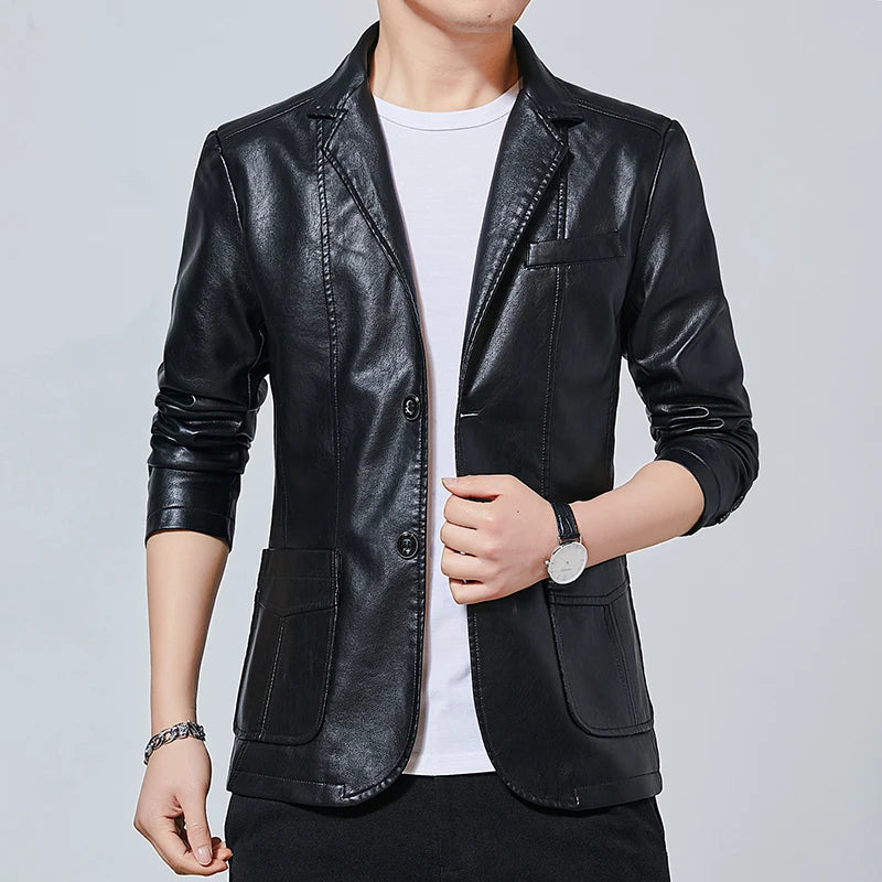 2026 New Khaki Men's PU Jacket, Dark Blue  Burgundy Black Coat, Asian Size Slim Leather Blazers, M-5XL,2025 New