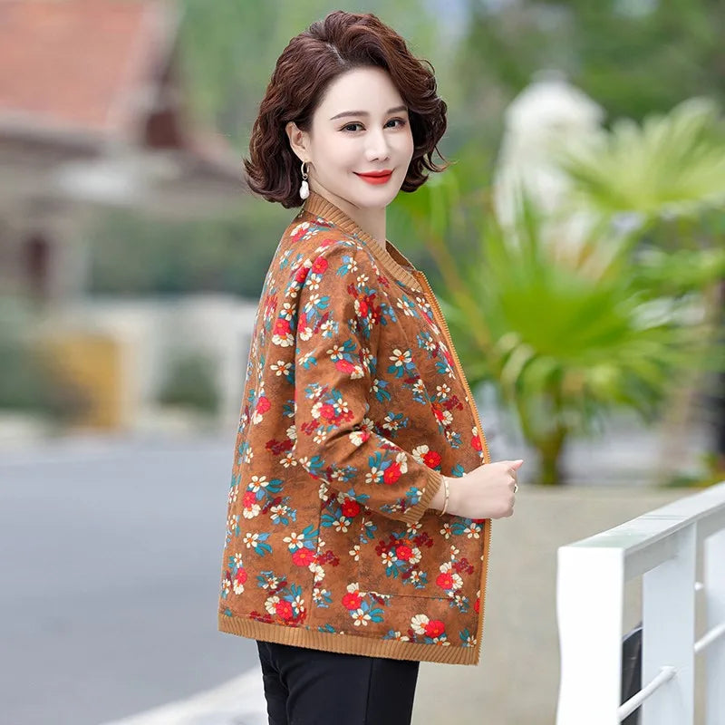 អាវបេស្បលសម្រាប់ស្ត្រីនិទាឃរដូវរដូវស្លឹកឈើជ្រុះថ្មី អាវម្តាយ សម្លៀកបំពាក់ស្ត្រីវ័យកណ្តាល ម៉ូដបោះពុម្ព អាវក្រៅសម្រាប់ស្ត្រីលំហែកាយ