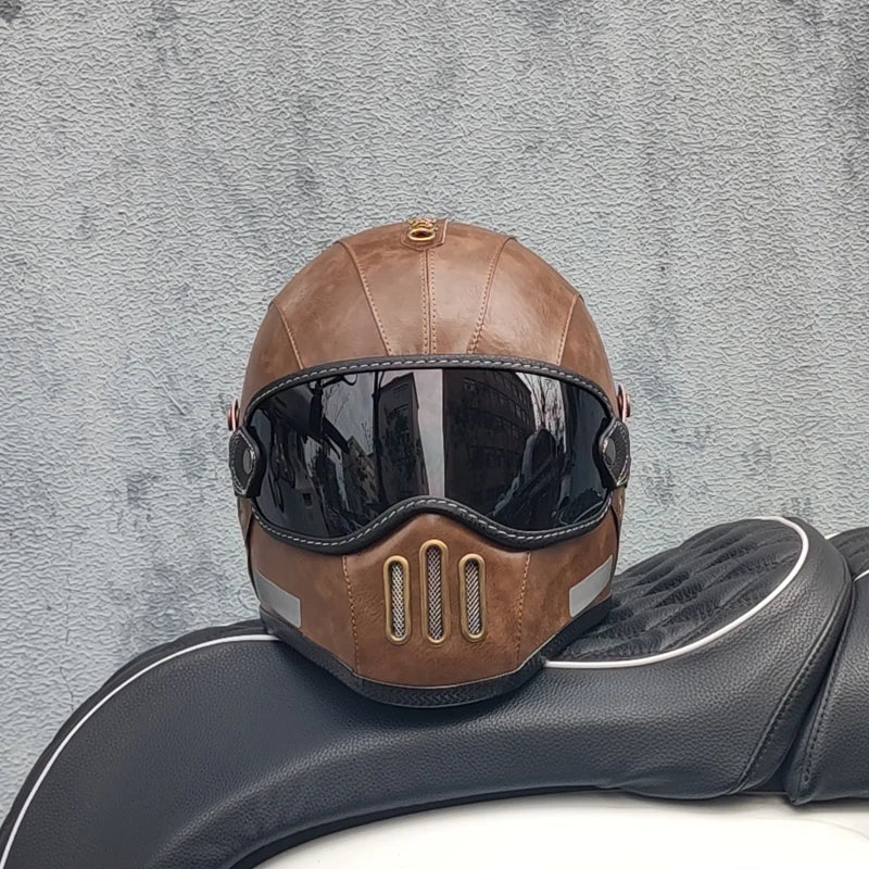 Retro ORZ helmet, fiberglass full face helmet, caf é racing driver, lightweight shell, motorcycle helmet, retro leather