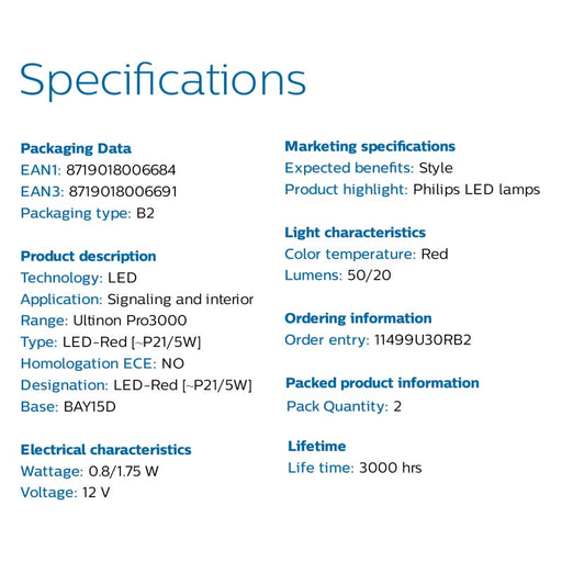 Philips LED Ultinon Pro3000 P21/5W BAY15d 12V 1157 Red Turn Signal LED Lamps Stop &amp; Tail Light Reverse Bulbs 11499U30RB2, Pair