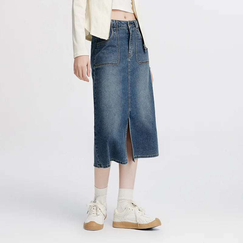 Semir Women Skirt Denim Slit Straight Long Slim Retro Street Style Autumn Bottoms Comfortable Urban Daily Wear 2026