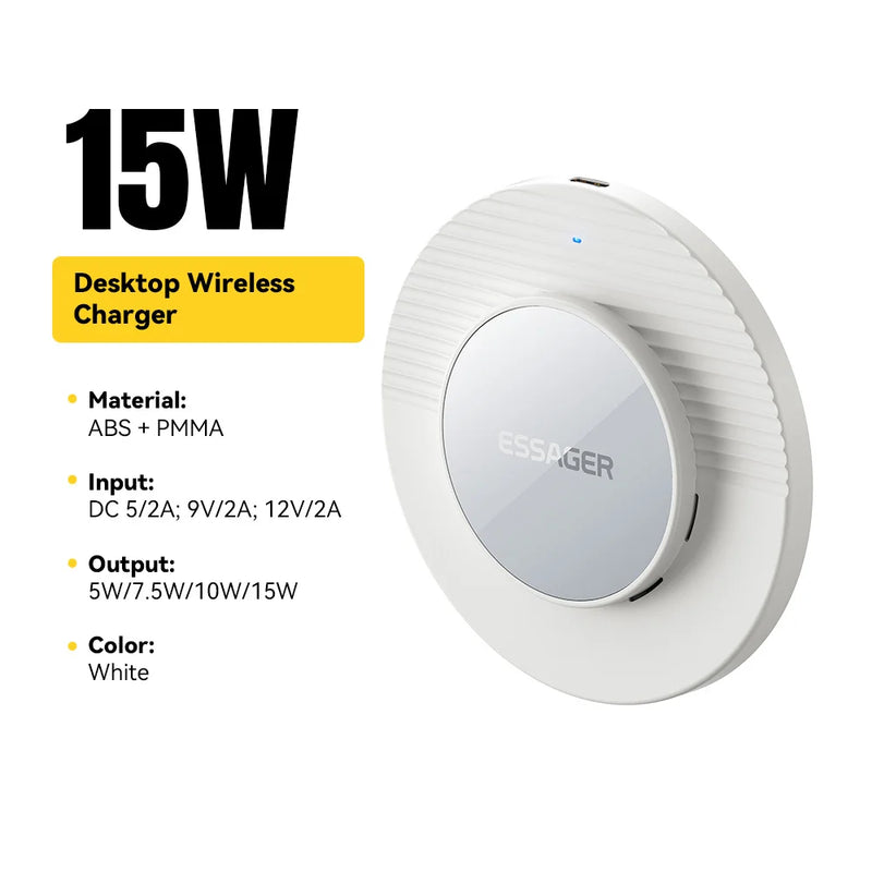 ឆ្នាំងសាកឥតខ្សែ Essager 15W ម៉ាញេទិក បន្ទះសាកថ្មលឿន សម្រាប់ iPhone 17 16 15 Pro កាសស្តាប់ត្រចៀក Huawei Samsung Xiaomi ទូរស័ព្ទ Android
