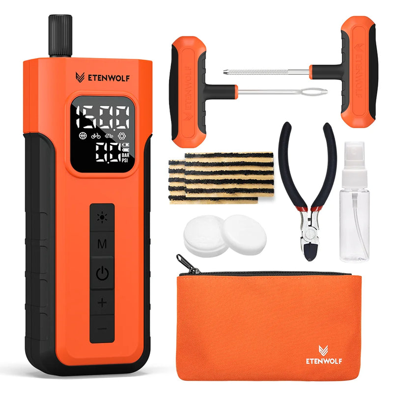 ឧបករណ៍បំប៉ោងខ្យល់ និងឌុយ ETENWOLF C2 Combo ថ្មី 2-in-1 ជាមួយដង្កៀបជួសជុលសំបកកង់ 16 ដុំ បន្ទះឌុយសំបកកង់ ខ្លាញ់ និងថ្នាំបាញ់ជួសជុលសំបកកង់