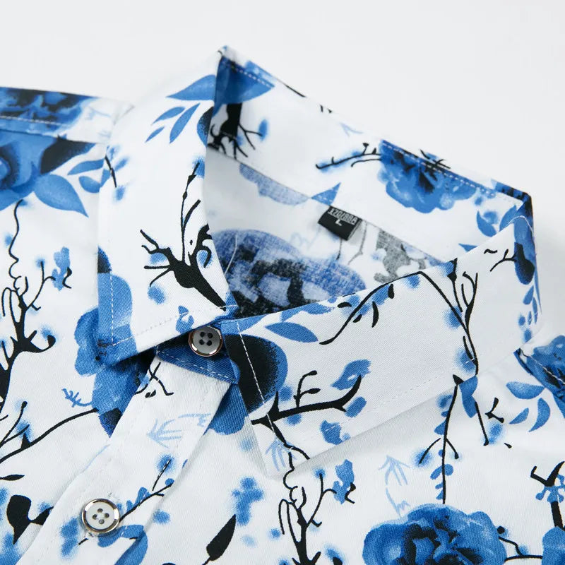 2026 Spring Men's White Long-Sleeve Printed Shirts, Blue Single-Button Collar Stretch Cotton Shirt, Asian Sizes M-5XL, 6XL, 7XL.