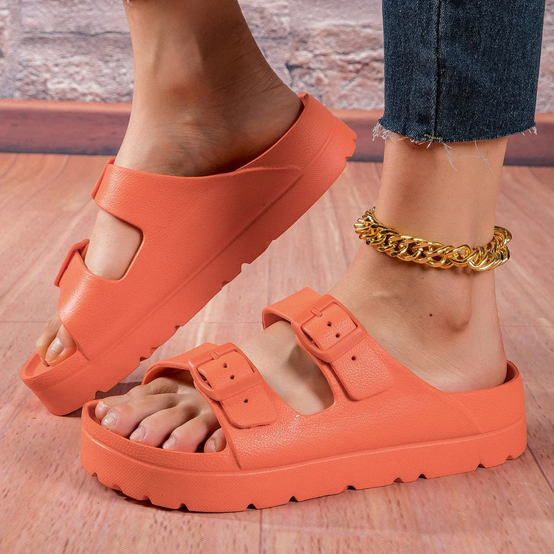 4cm High Ladies Slippers with Two Straps Double Buckles Platform Sandals Women Slides Cushion Lightweight 12 Colors Options