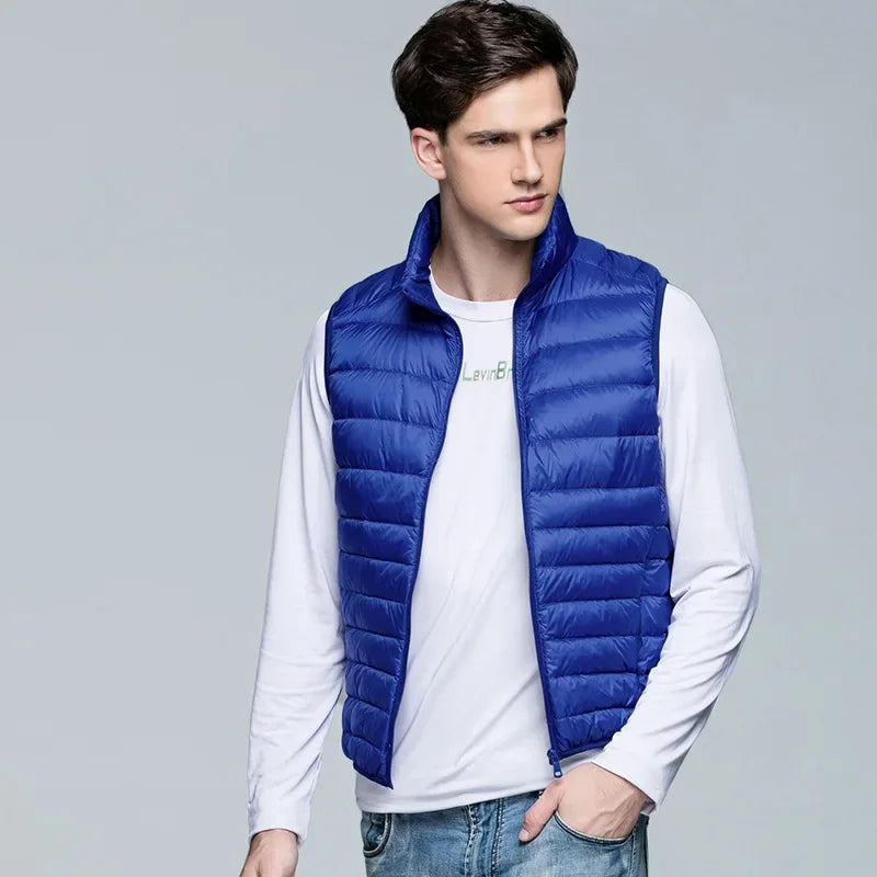 Mens Blue Standing Collar Light/Thin Sleeveless Vest Jacket, Wine Red Black Gray Green Available, Asian Size Casual Waistcoat