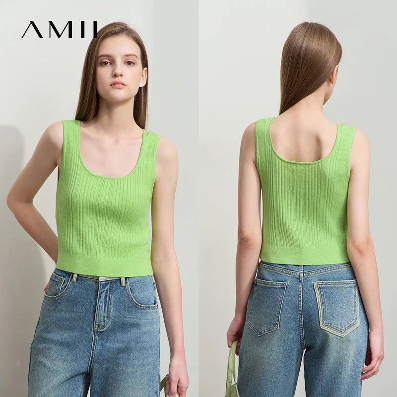 Amii Minimalist Woolen Suspender Vest 2026 Summer New Solid Large U-neck Short Slim Versatile Commuter Crop Top Women 12521004