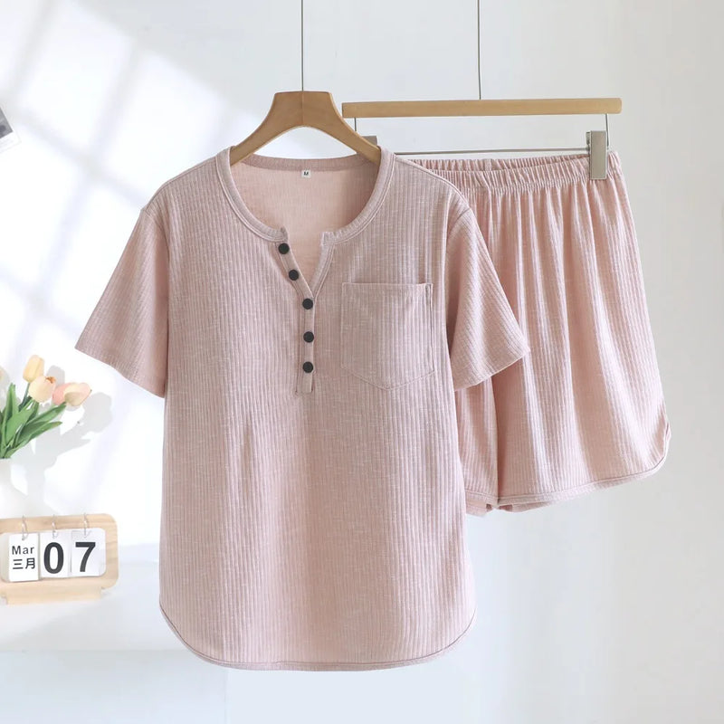 Chest Pads Women’s Summer Pajamas for Women Two-Piece Pijama Short Sleeve Sleepwear Night Wears For Females Loungewear Suit