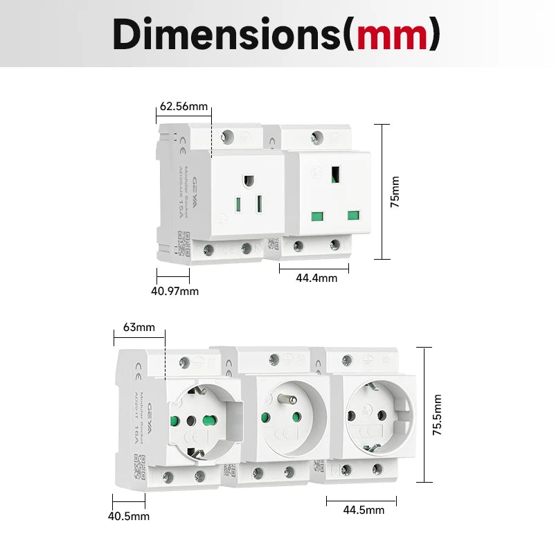 GEYA Din Rail Socket Modular Type AC Power Socket Plug EU/FR/US/UK/IT Standard 16A 220V AC Connector Grey AC30 Adapter Connector