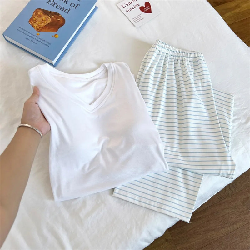 New Chest Pads Sleepwear Home Suit 2 Piece Spring Autumn Long-sleeved Trousers V-neck Loungewear Casual Pajamas Homewear
