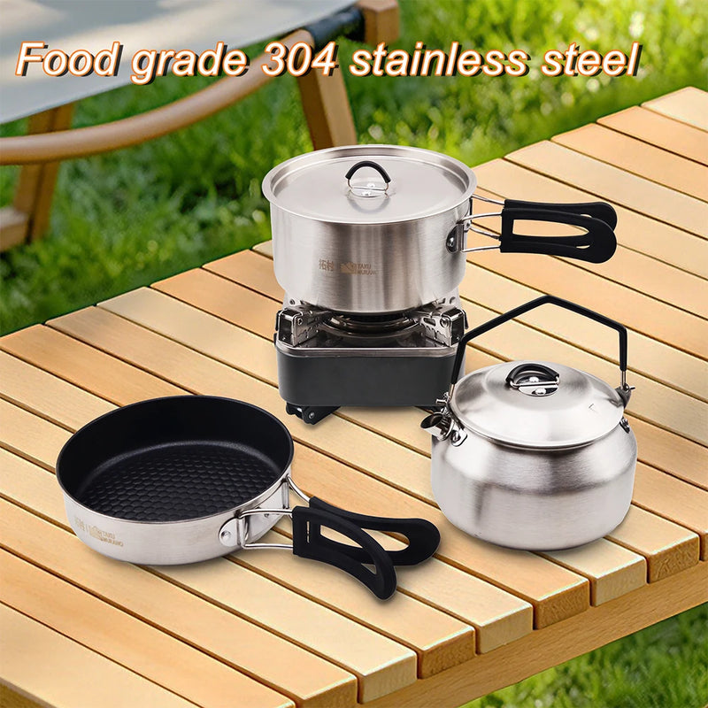 Camping Cookware Set Portable 304 S.S  Cookware Kit Outdoor Pot Cooking Water Kettle Pan Set Tableware Hiking Picnic Equipment