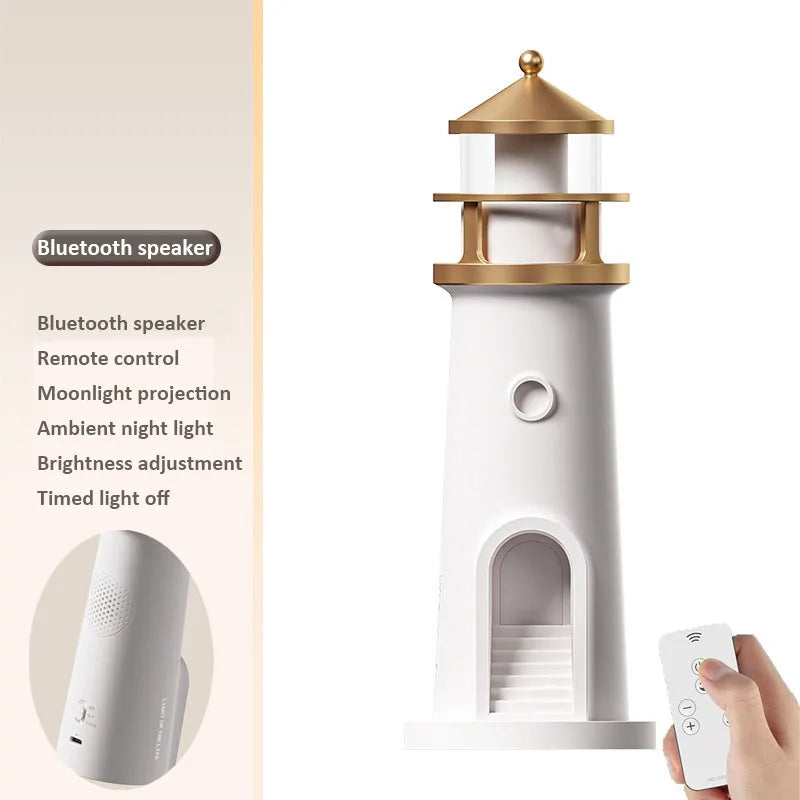 Lighthouse Ambient Light Moon Projection Night Lights Remote Control Bluetooth Music Motion Sensor Creative Desktop Decor Gifts