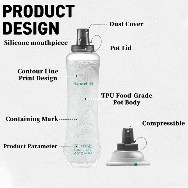 ដបទឹកទន់ Naturehike TPU Silicone ក្បាលបាញ់ទឹកបត់បានទម្ងន់ស្រាលសម្រាប់ឡើងភ្នំក្រៅផ្ទះ កាបូបស្ពាយសម្រាប់ដាក់ទឹកកំសៀវ