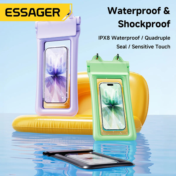 កាបូបទូរស័ព្ទ Essager IPX8 ការពារទឹកជ្រាប កាបូបសុវត្ថិភាពអណ្តែតទឹក កាបូបទូរស័ព្ទថ្លាងាយប៉ះ សម្រាប់ហែលទឹកលេងលើឆ្នេរខ្សាច់ និងកន្លែងទឹកក្ដៅ