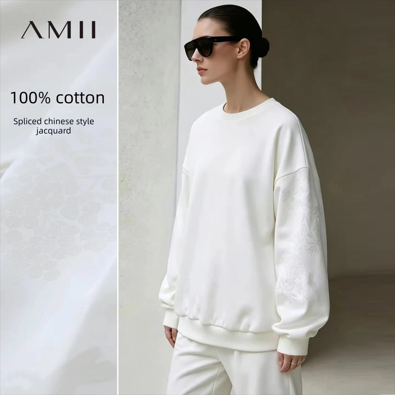 អាវយឺត Amii Minimalist សម្រាប់នារី រដូវស្លឹកឈើជ្រុះ កអាវធម្មតា 100% កប្បាស ឫស្សី ផ្កា បក្សី អាវ Jacquard រលុង 12623092