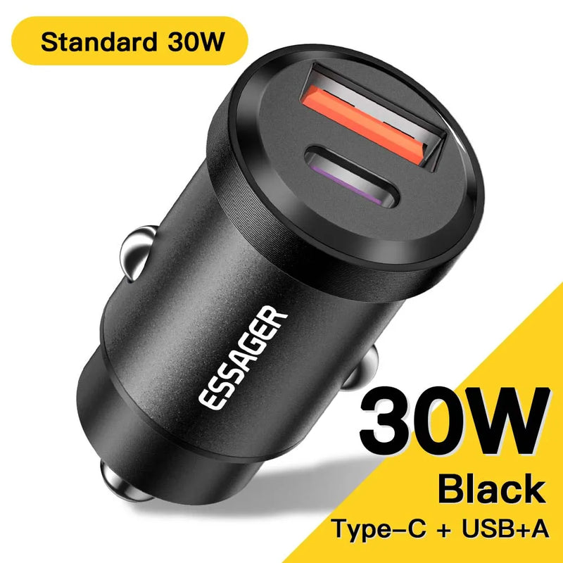 ឆ្នាំងសាករថយន្ត Essager 30W USB Quick Charge 4.0 QC PD 3.0 SCP 5A USB Type C សាកថ្មរថយន្តលឿនសម្រាប់ iPhone 14 13 Huawei Samsung Xiaomi
