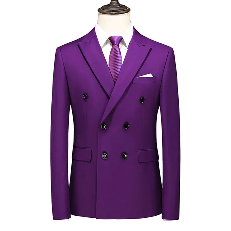 Men's Blue Long-sleeved Suit Jacket, Double-breasted Business Coat, Asian Size Slim fit Blazer,Available in Green,Red,Black,Gray