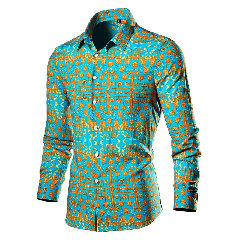2026 Chinese Style Bright Men's Red Print Long Sleeve Shirt, Single Breasted Lapel Shirts, Green Black Fashion Casual Camisa