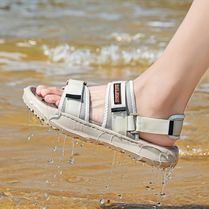 Men Adjustable Beach Sandals Thick Soles Summer Open Shoes Casual Sports Slippers Hoop & Look Soft Comfortable Walking