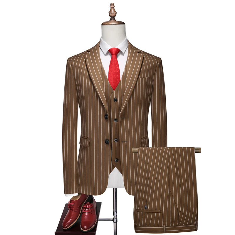 Men's Black-White Striped Plaid Suit 3-Piece, Wedding Party Dress Jacket and Vest with Trousers, Asian Sizes Red Slim Fit Sets.