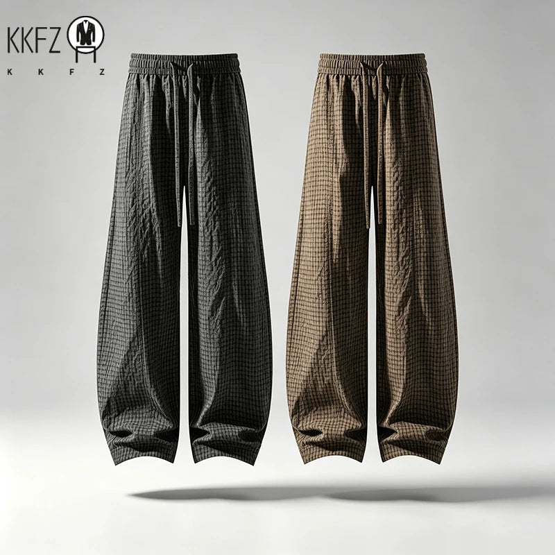 Mens Plaid Crinkle Harem Trousers Elastic Drawstring Waist Loose Fit Breathable Lightweight Outdoor Walking Garment