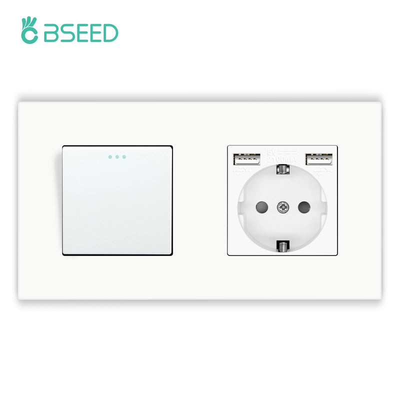 BSEED Mechanical Button Switches With Power Socket 1/2/3Gang 1Way Plastic Panel Electrical Outlets USB Type-C Wall Socket 16A